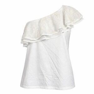 Andrew Marc One Shoulder Ruffle Blouse Top Size L White Cream Mesh Embroidered